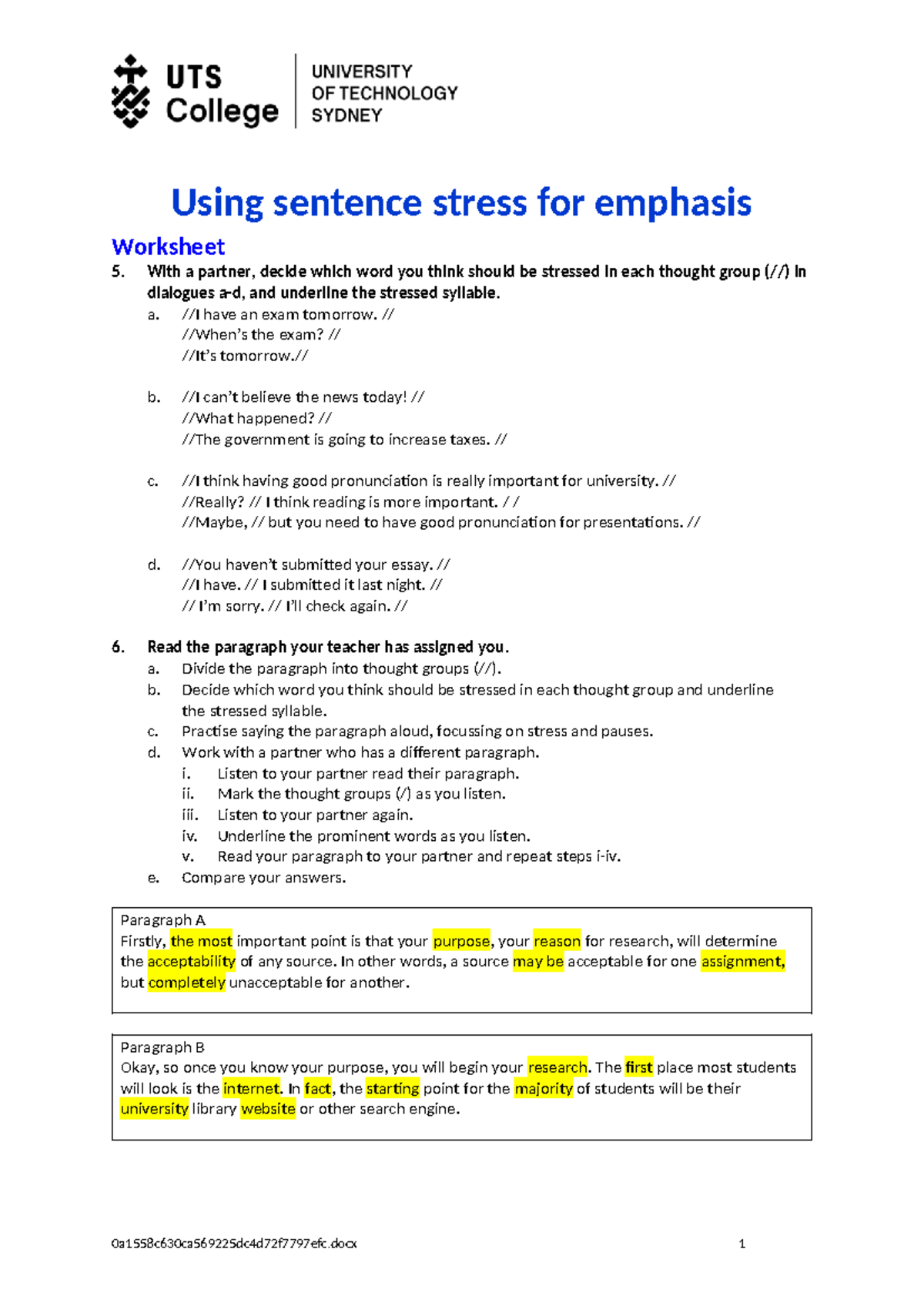 Using Sentence Stress for Emphasis - Worksheet 5.6 Activities - Studocu