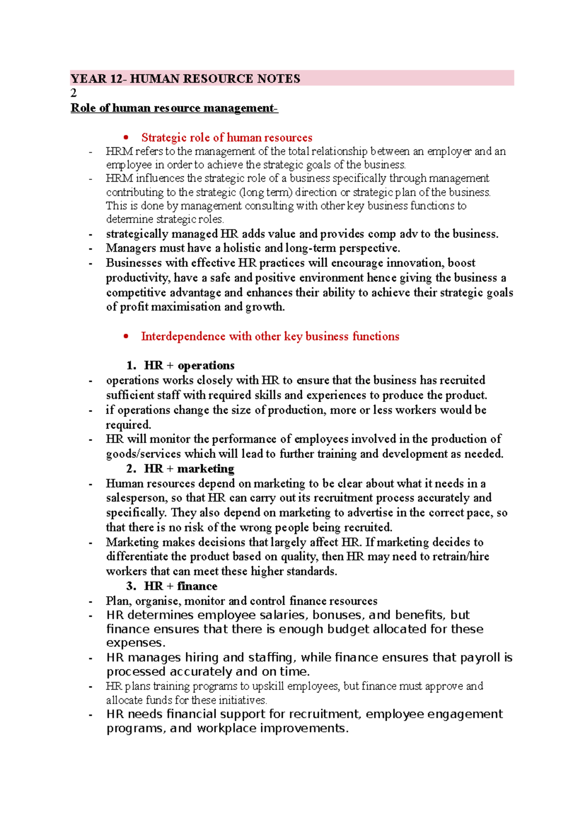 YEAR 12 HRM Notes: Strategic Role of Human Resources - Studocu