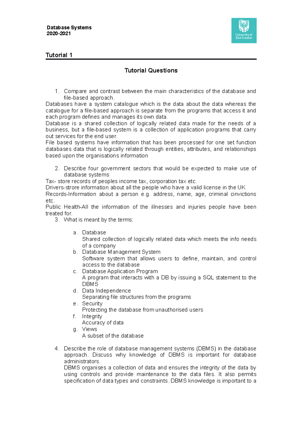 Tutorial 1: Key Concepts in Database vs. File-based Approaches (DBS ...
