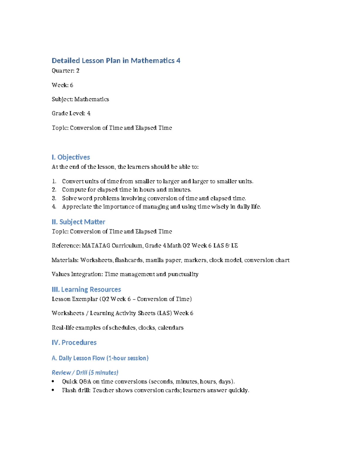 DLP Grade 4 Math Q2W6: Conversion of Time & Elapsed Time Lesson Plan ...