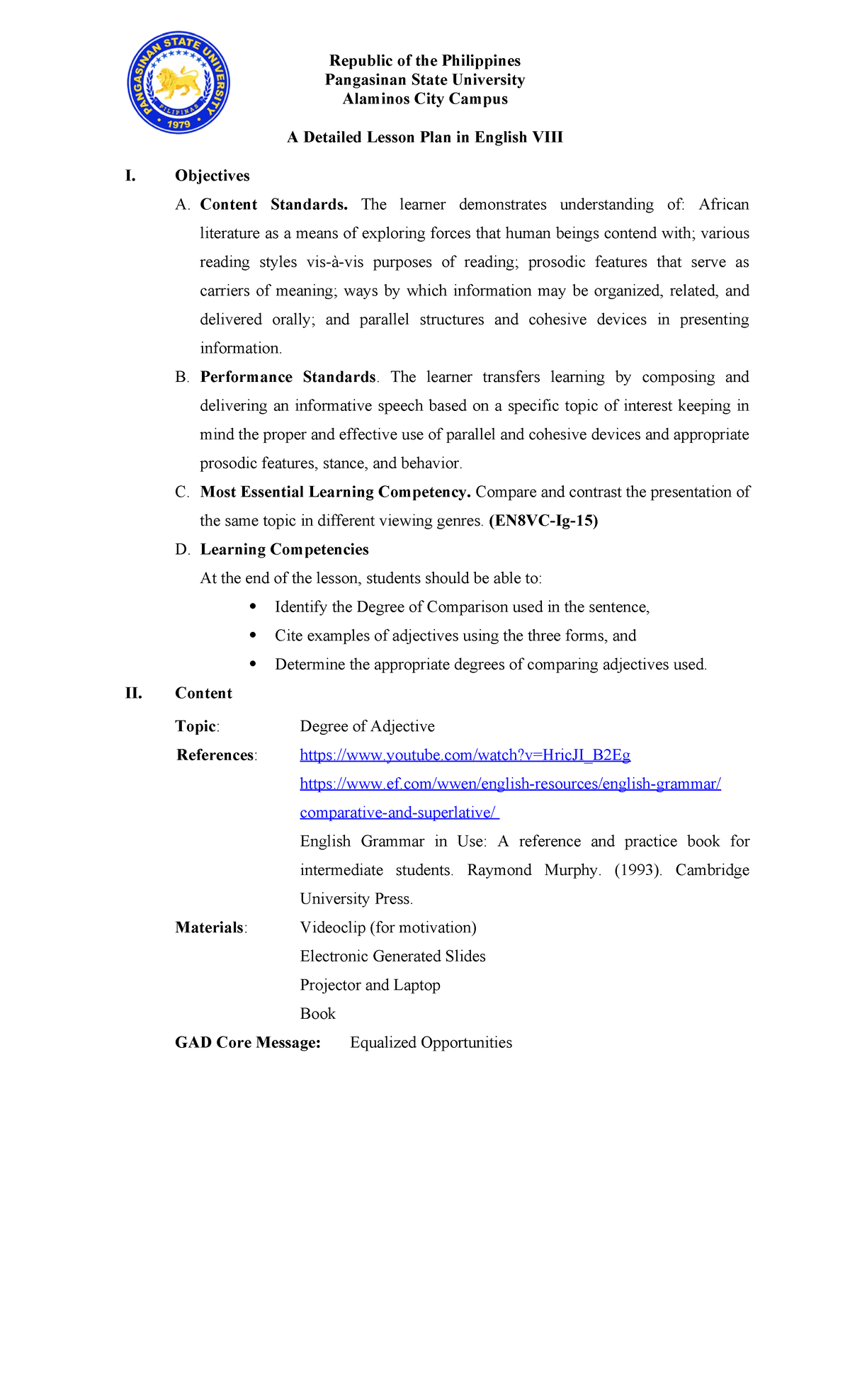Detailed Lesson Plan on Adjectives for English I (DLP Grade 8) - Studocu