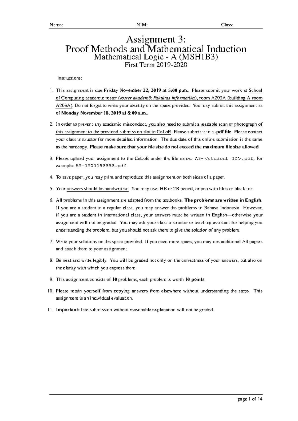 Assignment 3: Proving Induction in Mathematical Logic - MSH1B3 - Studocu
