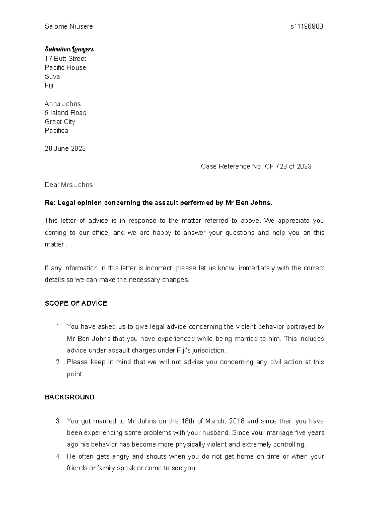 Legal Drafting Assignment: Legal Opinion on Assault Case CF 723/2023 ...
