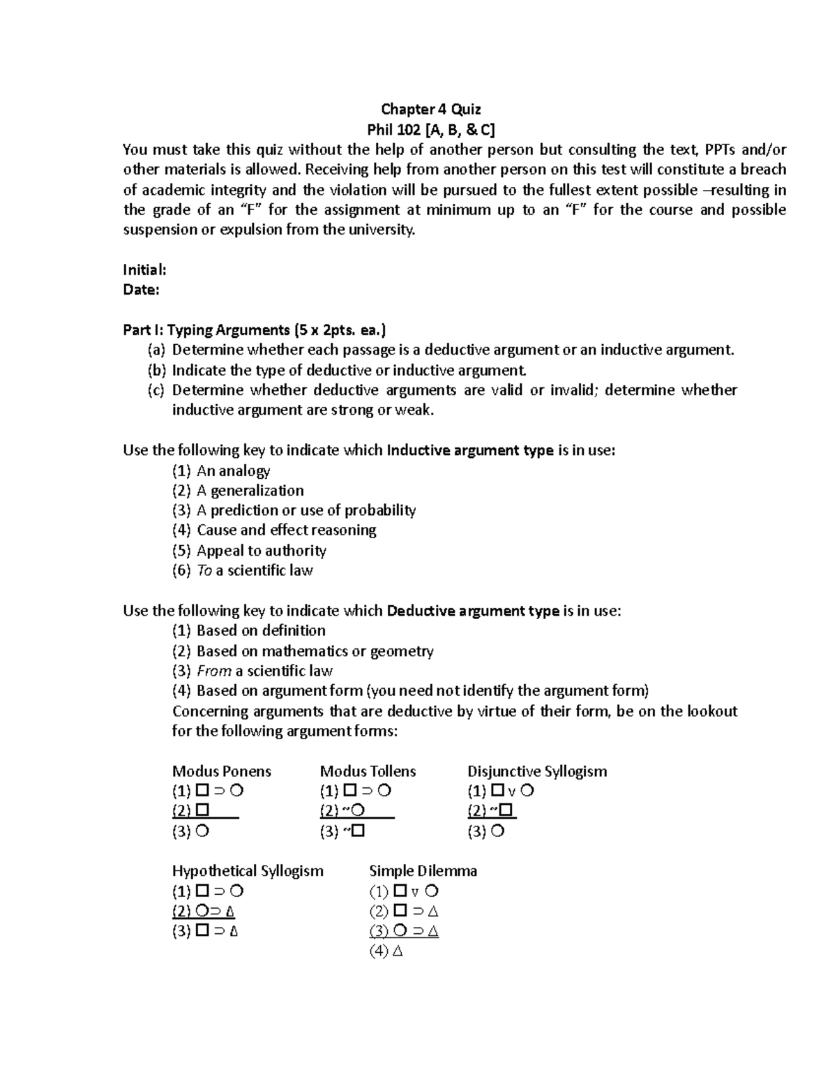 Phil 102 - Chapter 4 Quiz: Analyzing Arguments and Types - Studocu