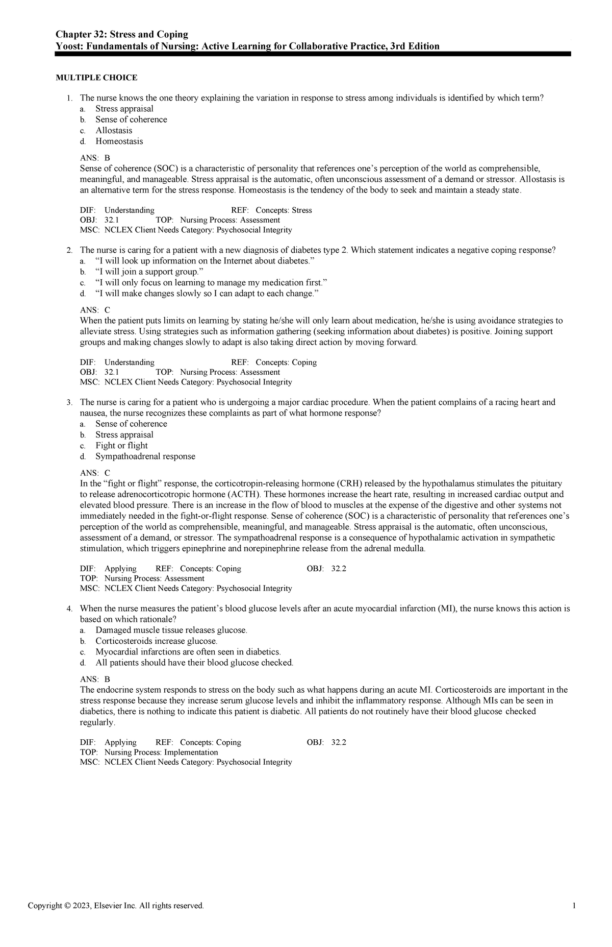 Adaptive Quiz - Chapter 32 Stress and Coping - Exam View - Studocu