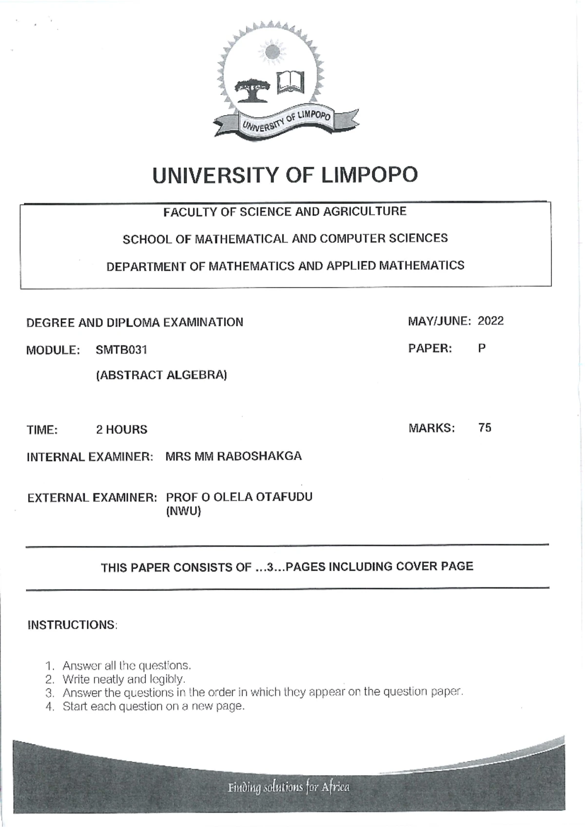 SMTB031 2018 Exam - Abstract Algebra Question Papers and Solutions ...