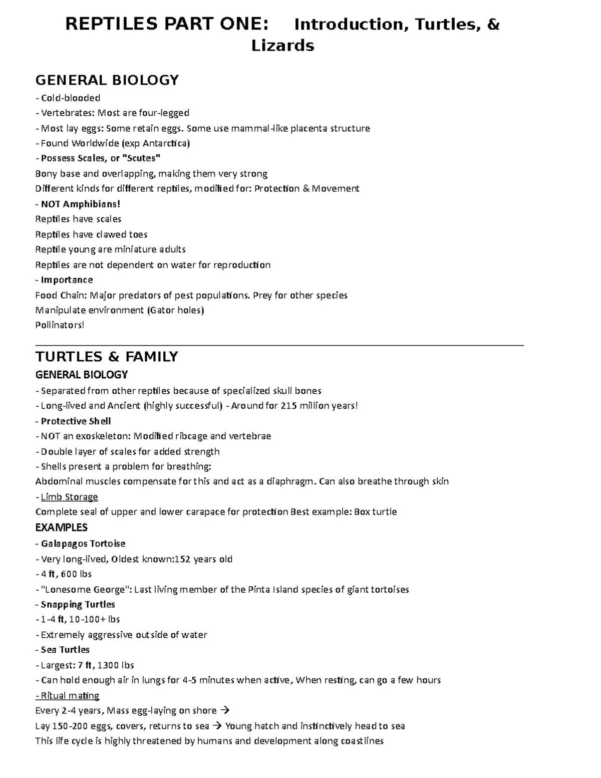 Reptiles I - Lecture notes - REPTILES PART ONE: Introduction, Turtles ...