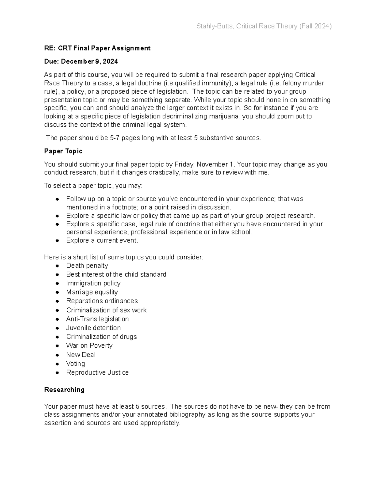 CRT Final Paper Assignment Memo (CRT F2024) - Stahly-Butts, Critical ...