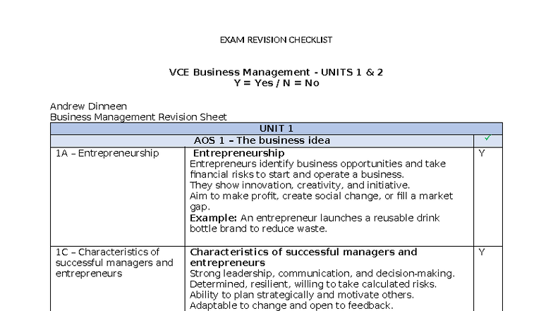 VCE Business Management Exam Revision Checklist Units 1 & 2 - Studocu