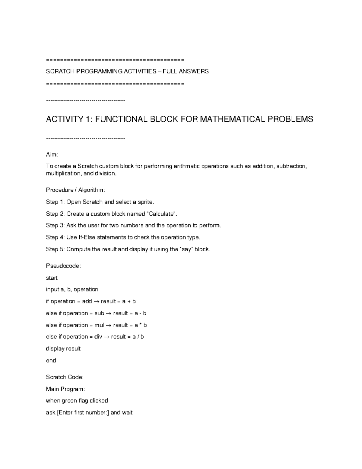 Scratch Programming Activities: Full Answers & Solutions - Studocu