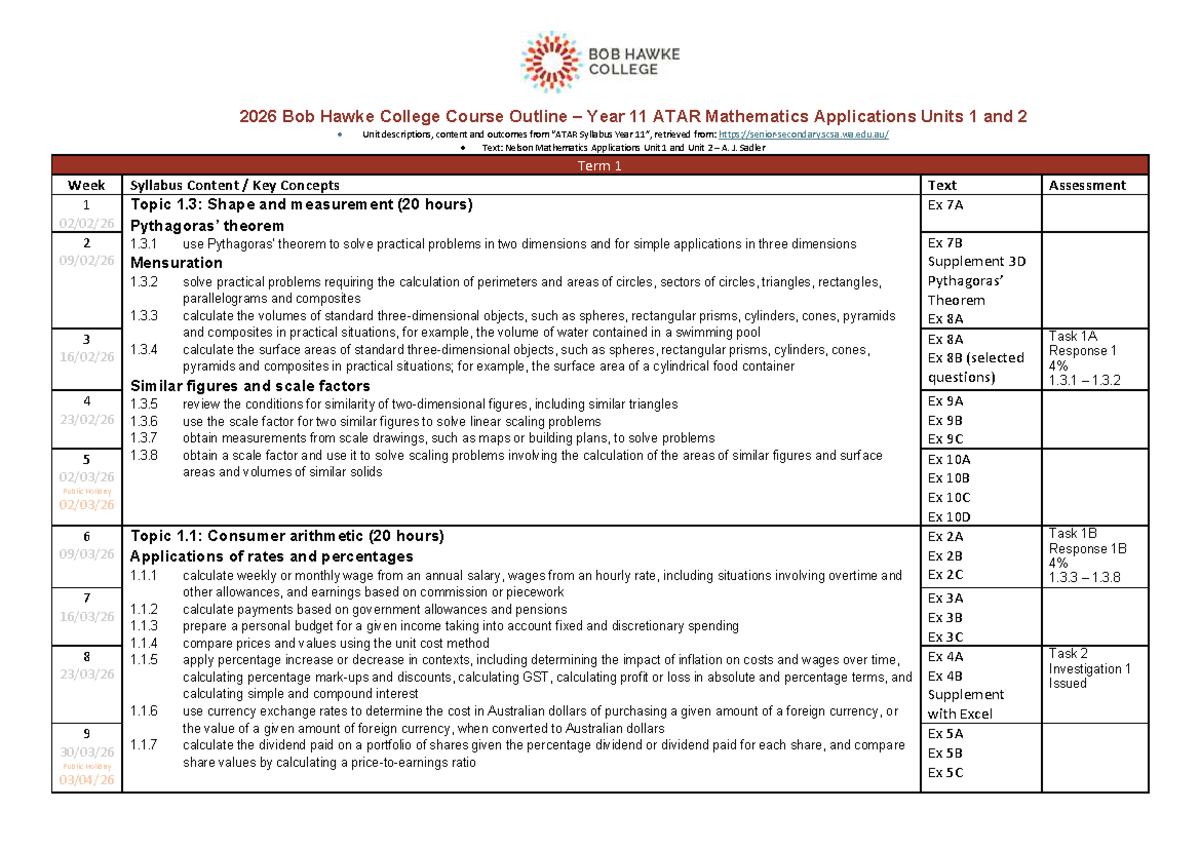 2026 BHC Year 11 ATAR Mathematics Applications Course Outline - Studocu