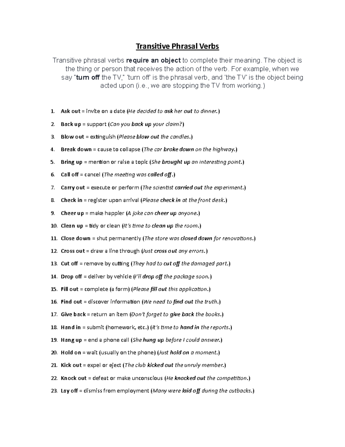 Transitive Phrasal Verbs: Examples and Usage Guide - Studocu