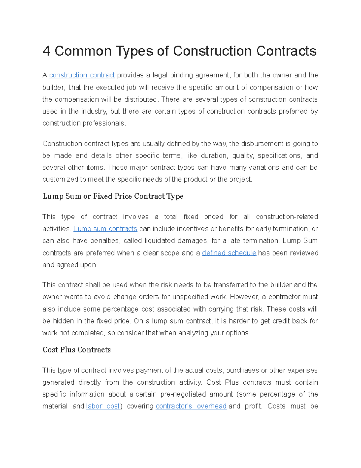 Types Of Contract Agreement In Construction