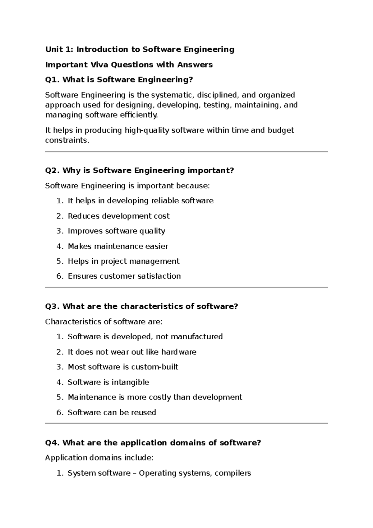 SE Unit 1-6: Key Viva Questions & Answers in Software Engineering - Studocu