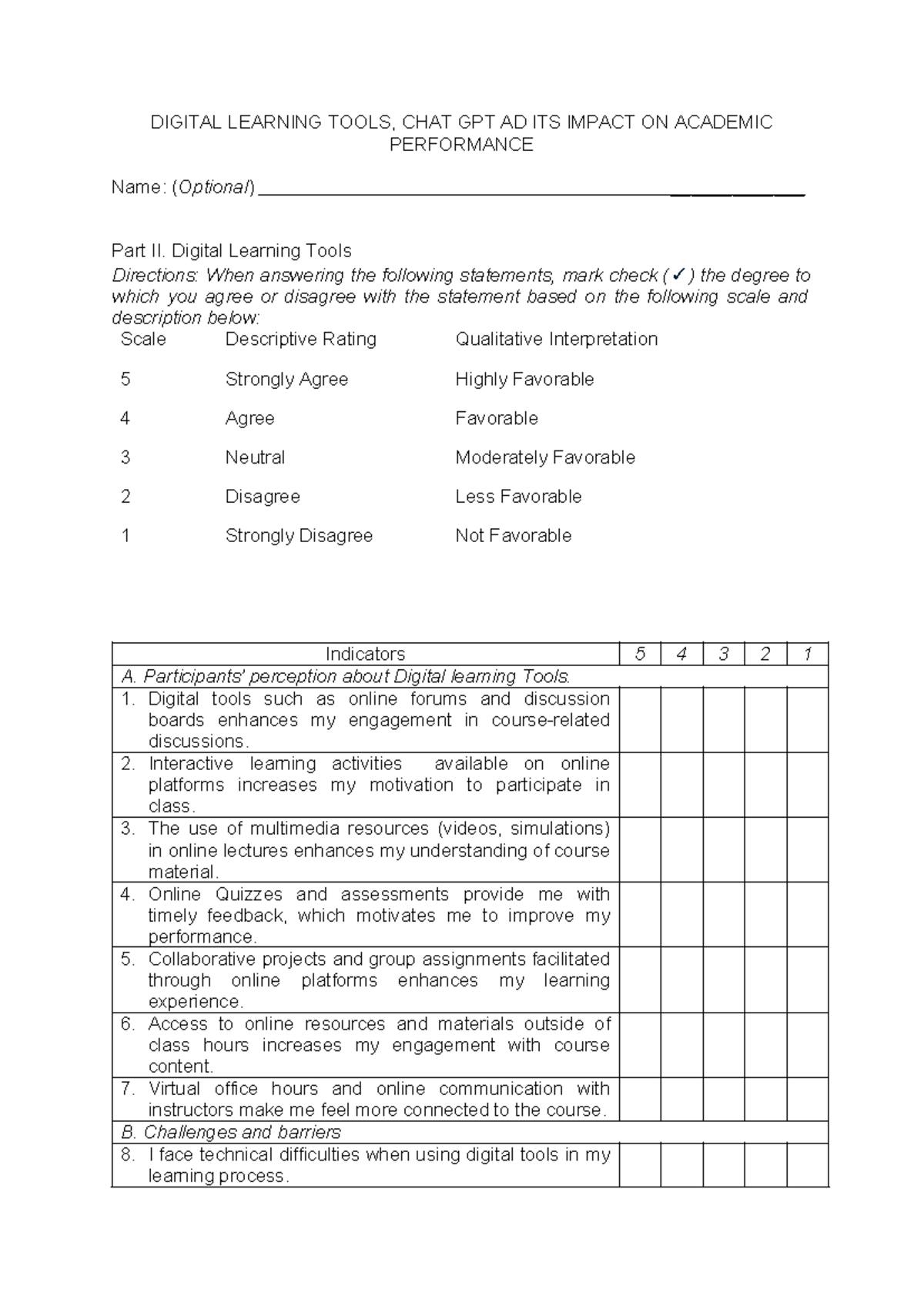 Questionnaire - DIGITAL LEARNING TOOLS, CHAT GPT AD ITS IMPACT ON ...