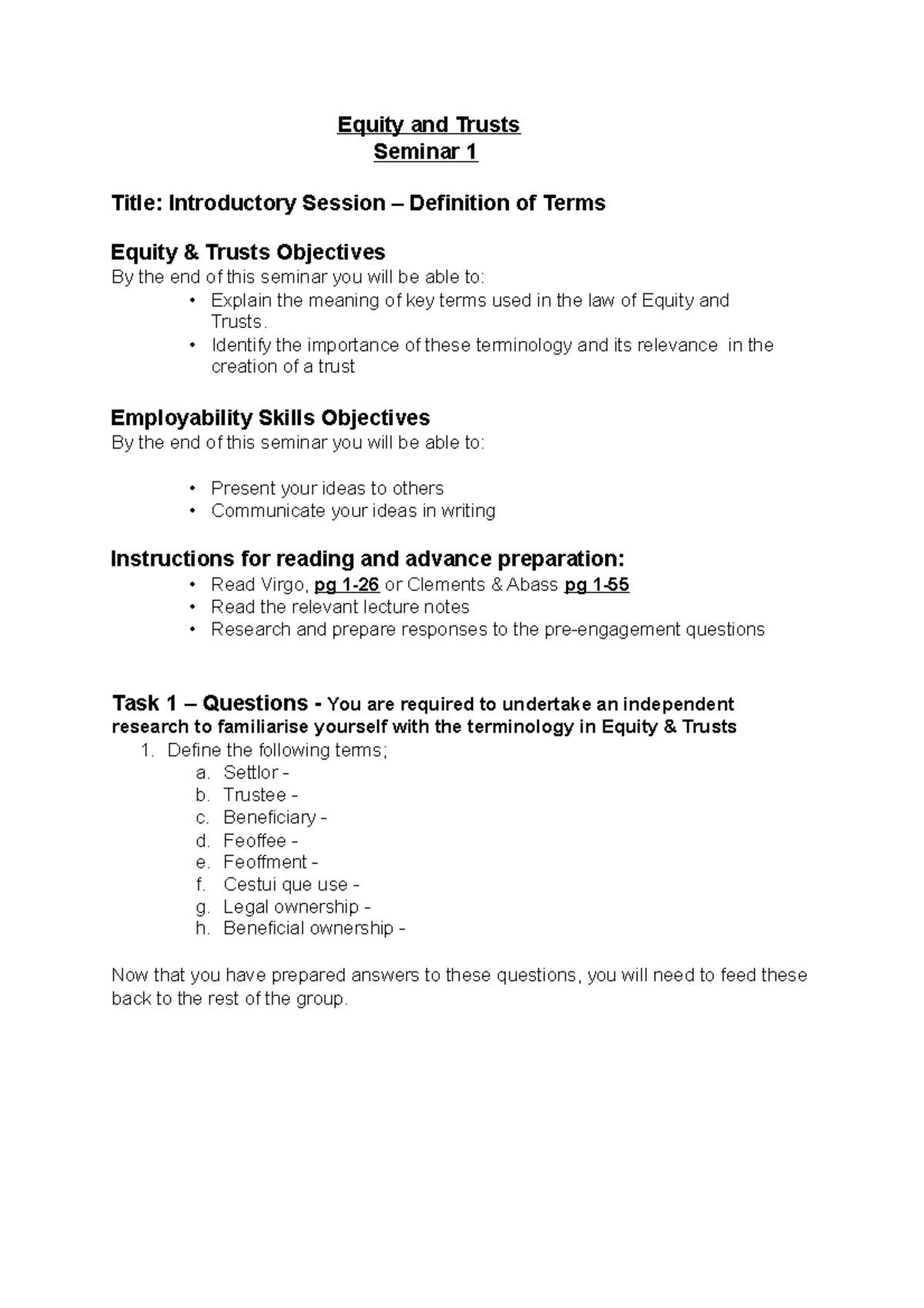 Equity and Trusts 1 - SEMINAR - Equity and Trusts Seminar 1 Title ...