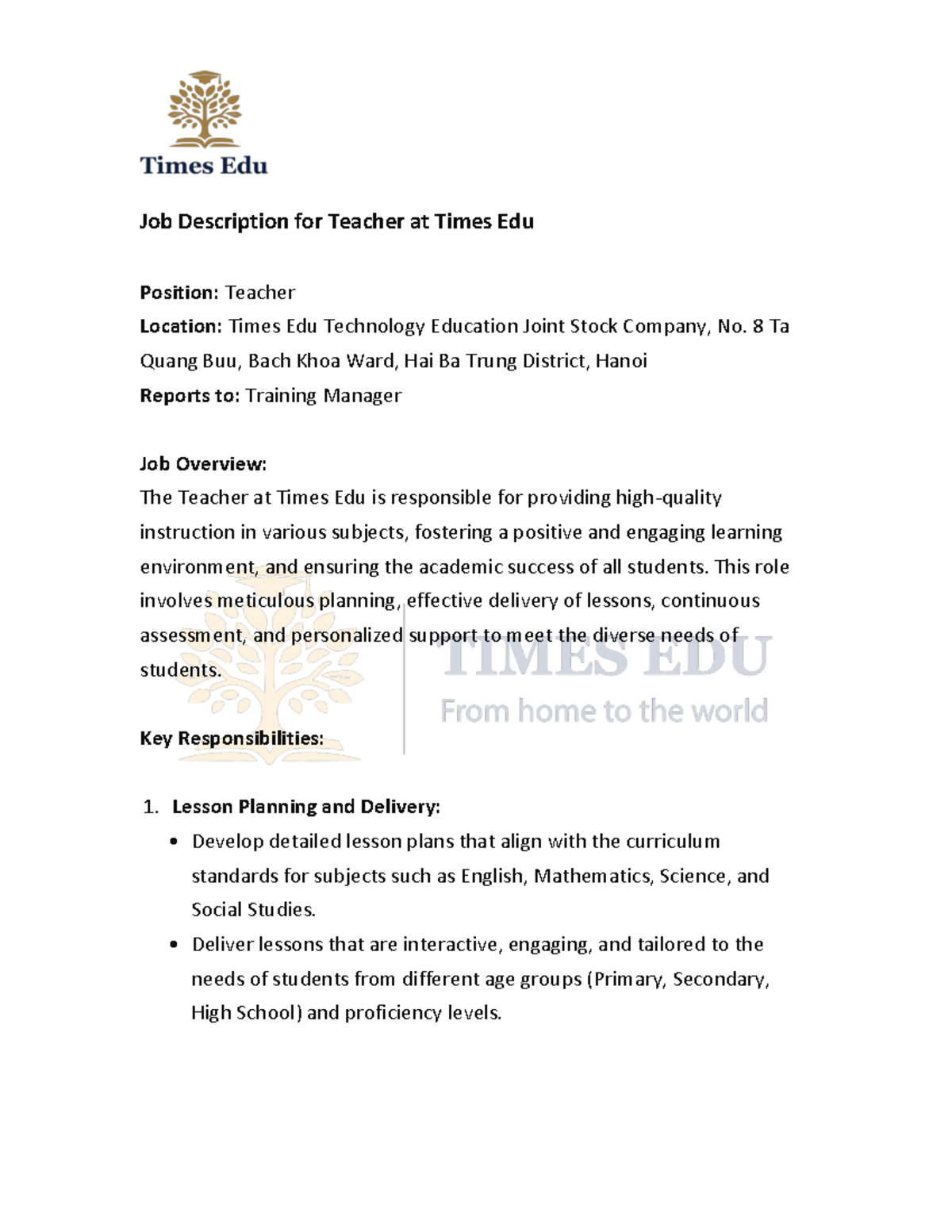 [TE] Teacher Job Description at Times Edu: Roles & Responsibilities ...