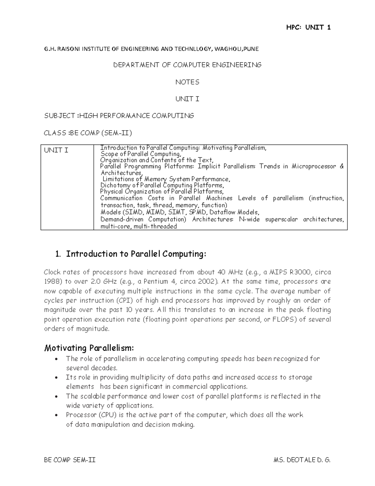 HPC Notes UNIT I: Introduction to Parallel Computing and Architectures ...