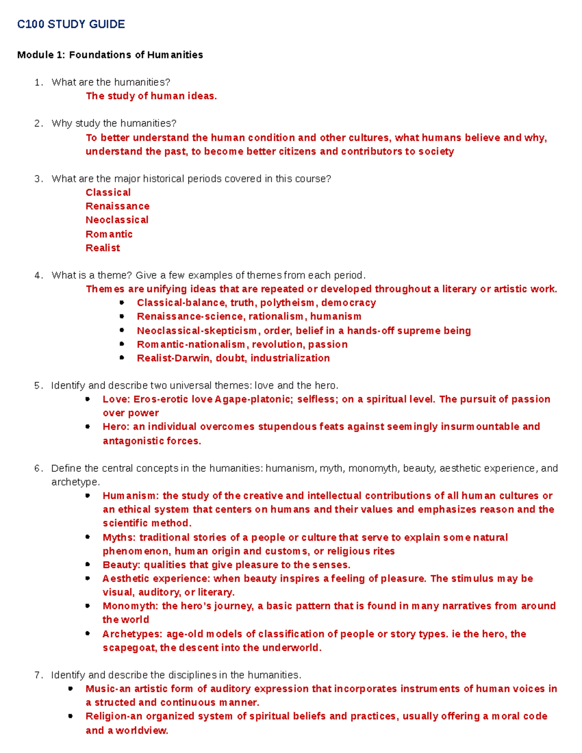 C100 Final Exam Study Guide: Key Concepts in Humanities - Studocu