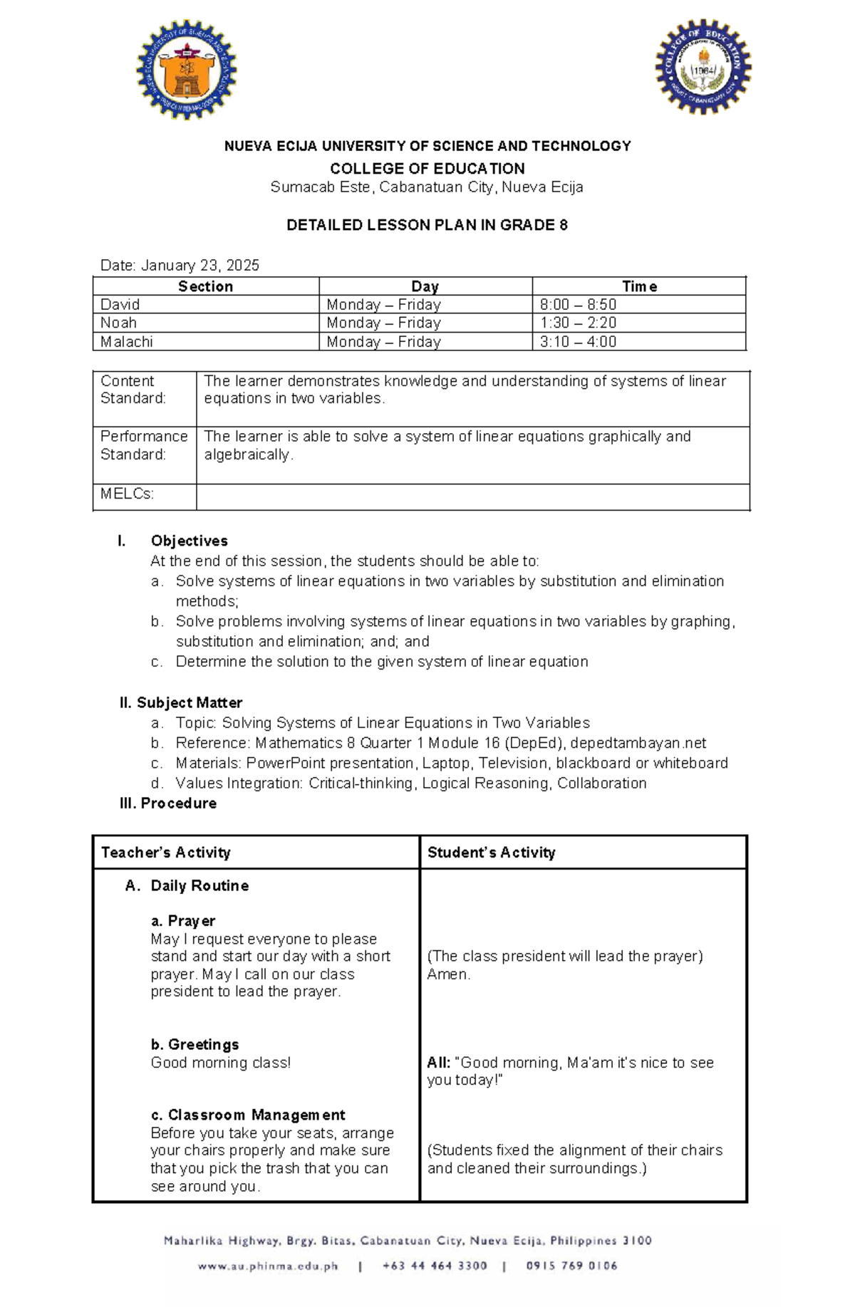 Detailed Lesson Plan: Solving Systems of Linear Equations (Grade 8 ...