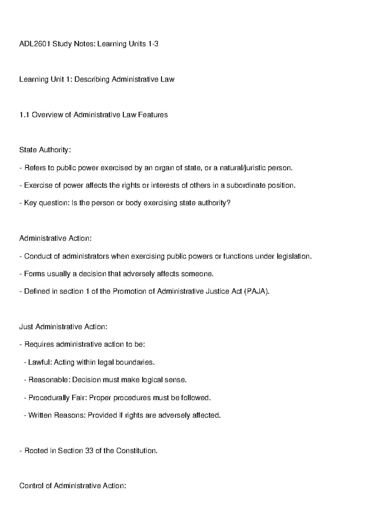 ADL2601 Study Notes: Administrative Law Units 1 to 3 Overview - Studocu