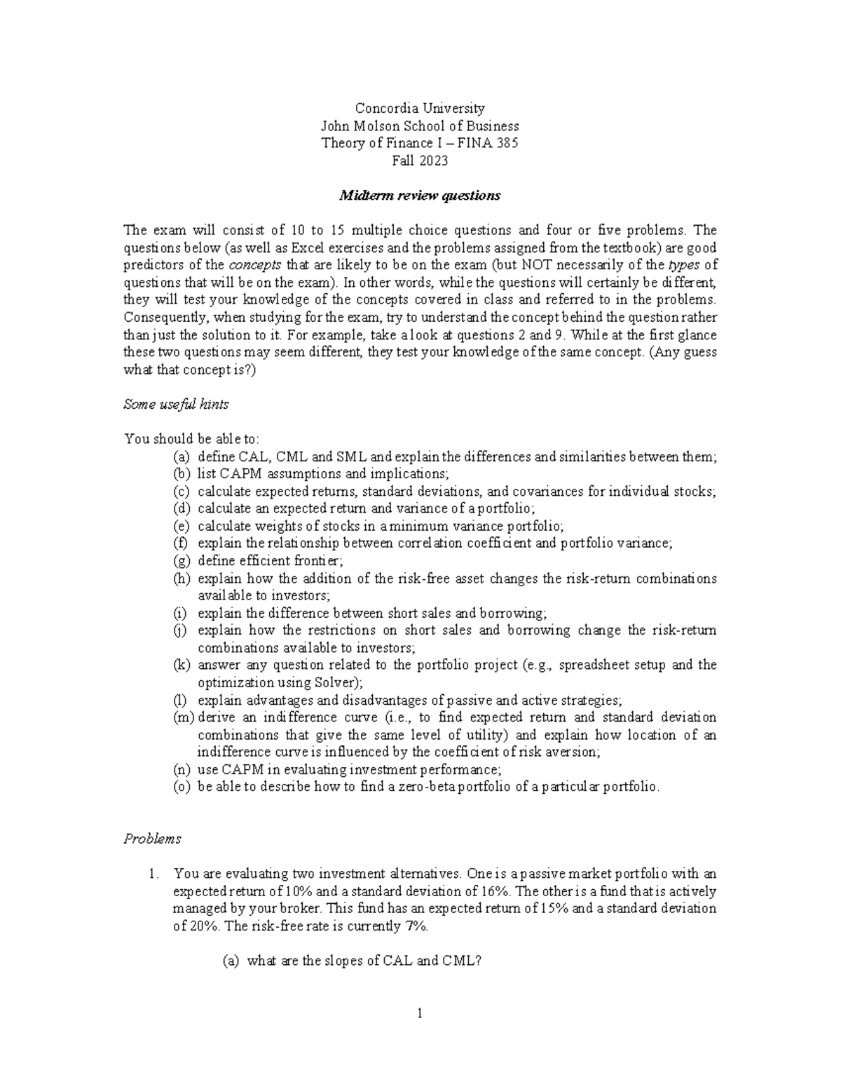 Midterm Review FINA 385 - Practice Questions Fall 2023 - Studocu