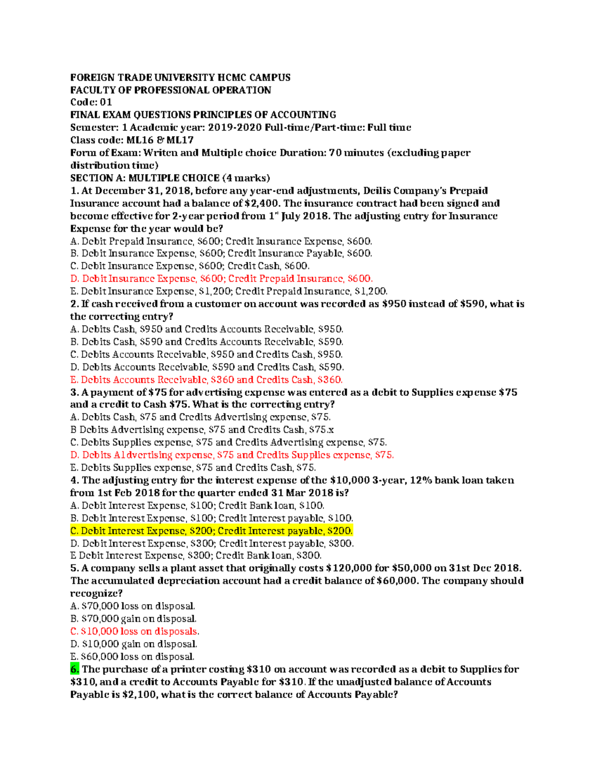 FINAL EXAM QUESTIONS FOR PRINCIPLES OF ACCOUNTING (Code: 01) - Studocu