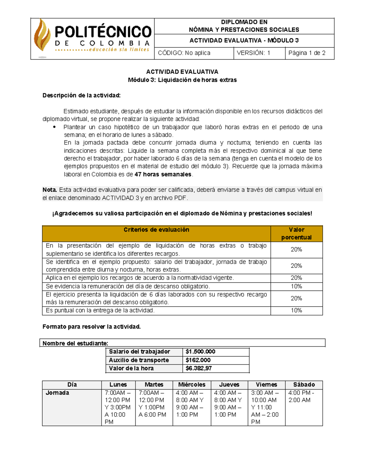 Actividad Evaluativa: Liquidación de Horas Extras - Módulo 3 - Studocu
