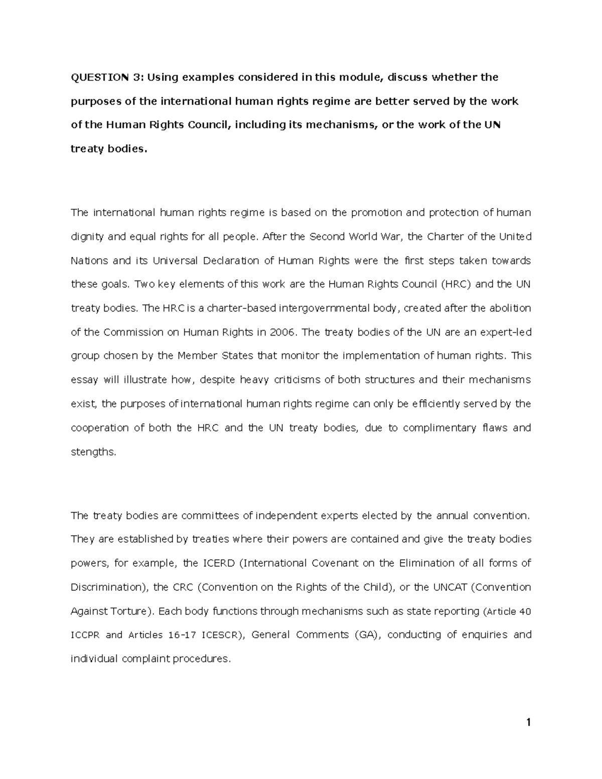 LAWW3108 Essay: Evaluating the Roles of HRC vs. UN Treaty Bodies in ...