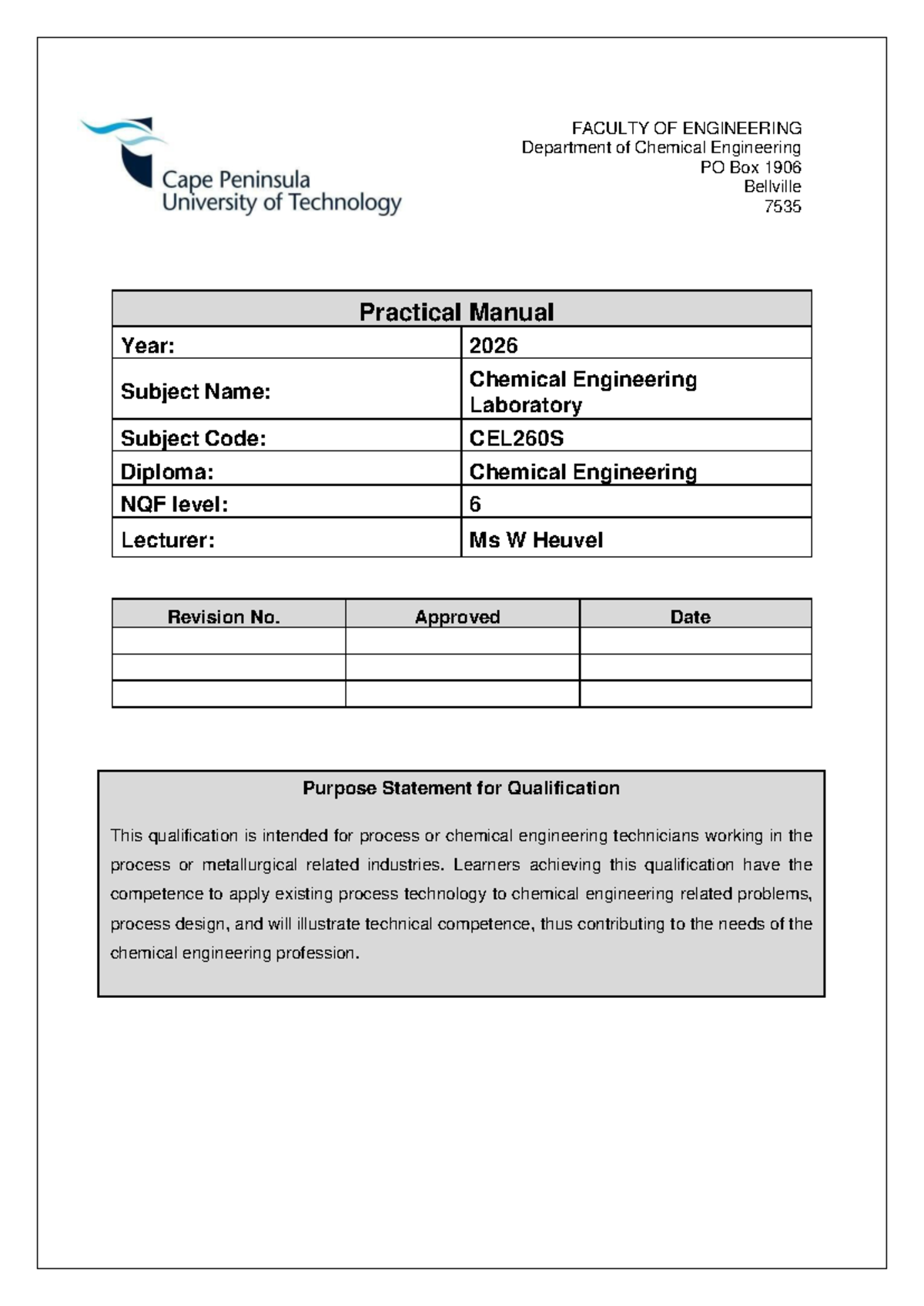CEL260S Chemical Engineering Laboratory Practical Manual 2026 - Studocu
