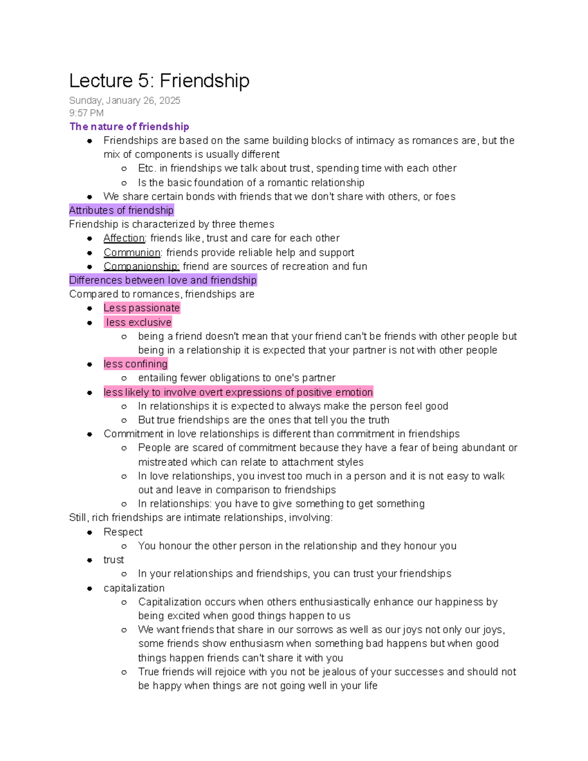 Family studies notes - Lecture 5: Friendship Sunday, January 26, 2025 9 ...