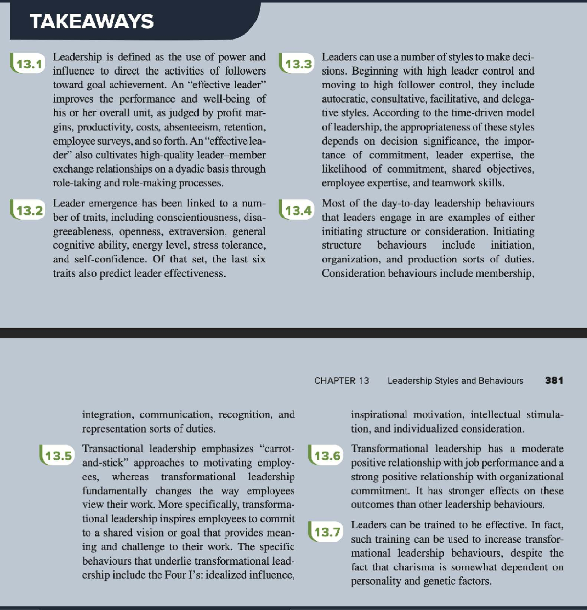 Takeaway Notes on Leadership Styles and Behaviours (CH 13) - Studocu
