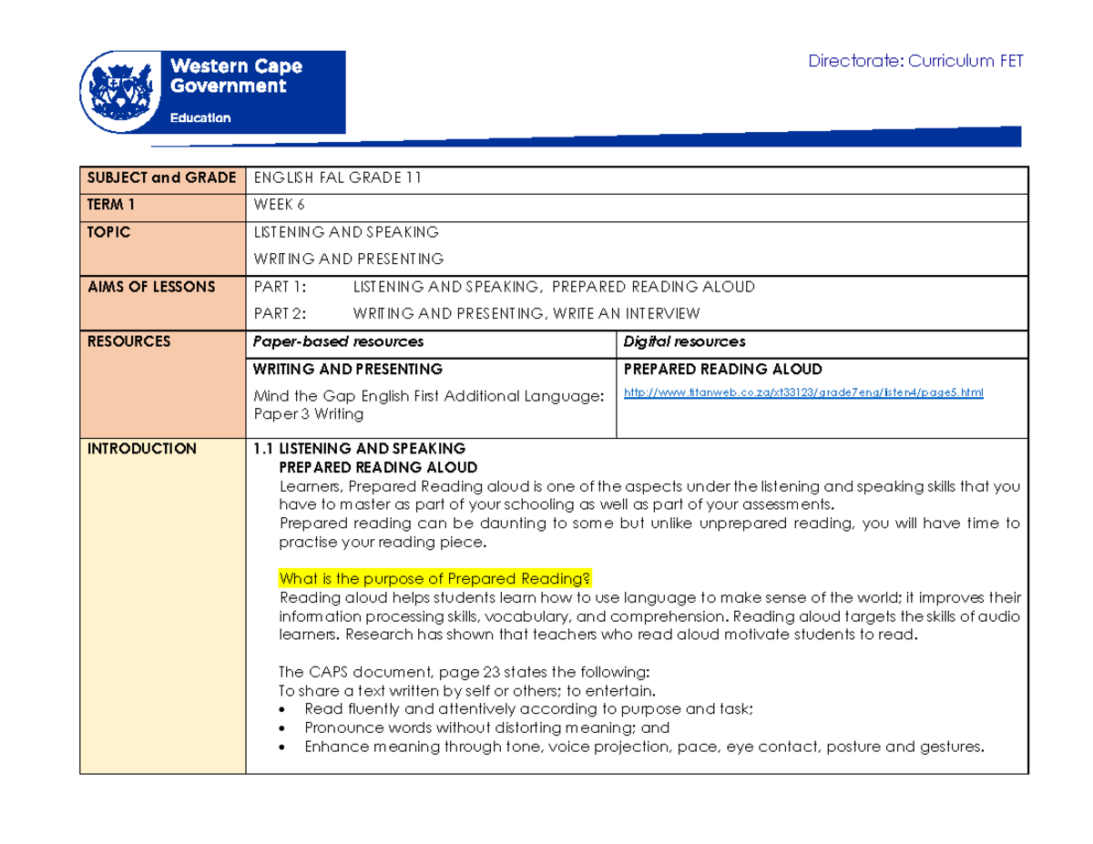 English FAL Grade 11 Term 1 Week 6: Listening, Speaking & Writing Guide ...