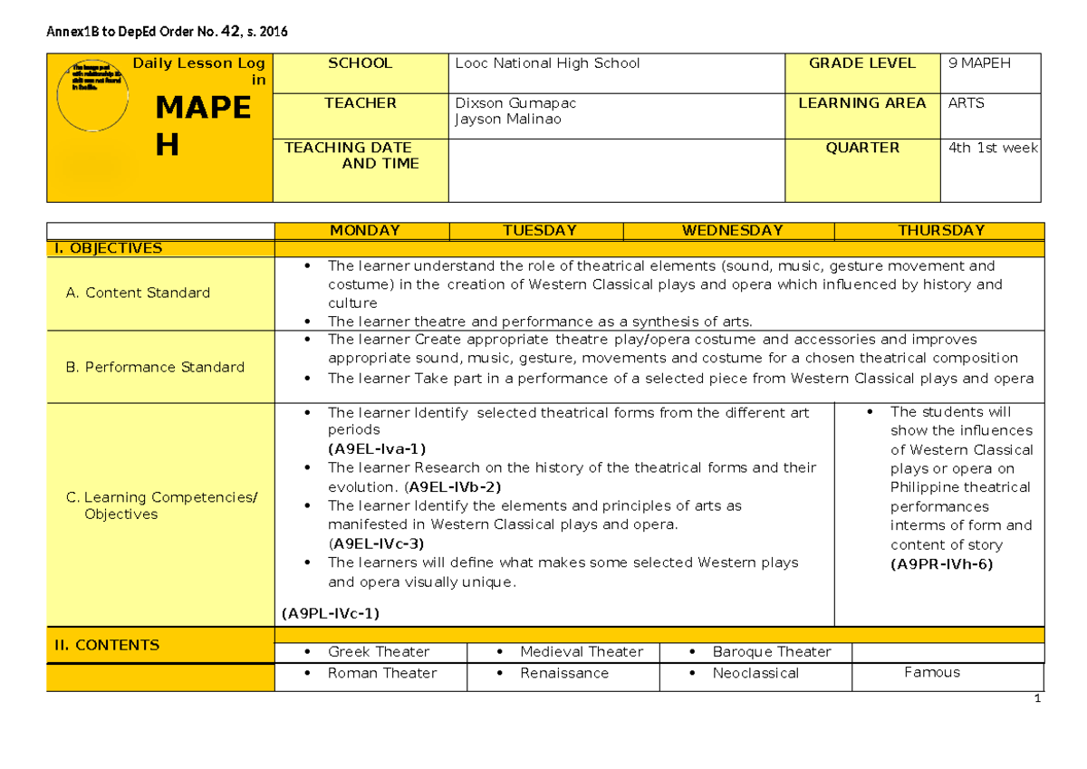Q4 DLL for G9 MAPEH Arts: Week 1 Lesson Plan - Studocu