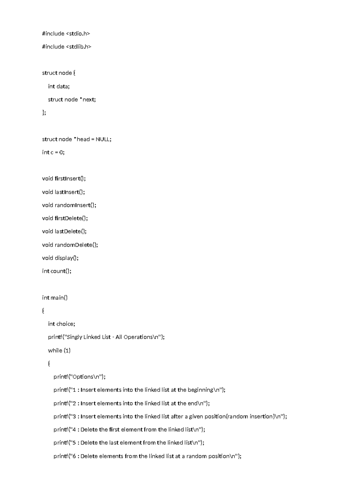SLL Operations: Insertion, Deletion, and Display Functions - Studocu