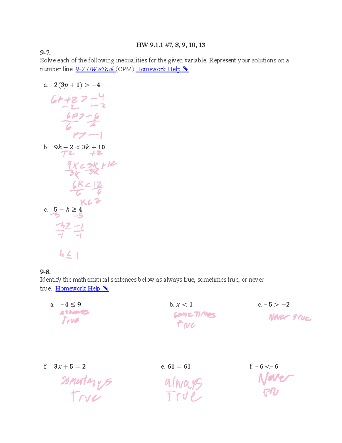 HW 9 - homework unit 9 - HW 9.1 #7, 8, 9, 10, 13 9 - 7. Solve each of ...