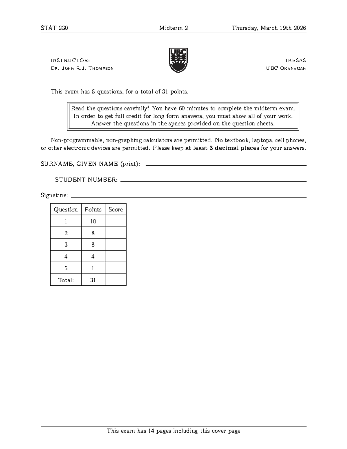 STAT 230 Midterm 2 Solutions - March 19, 2026 - Studocu