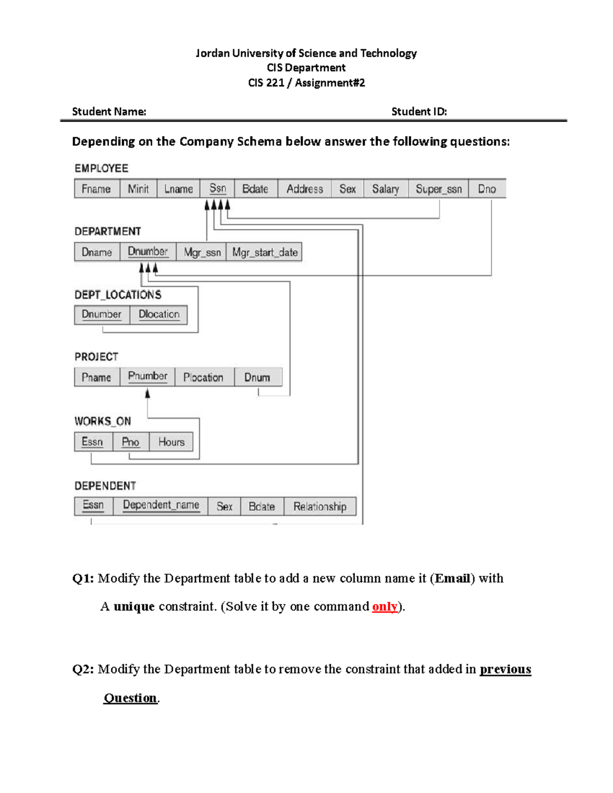 CIS 221 Assignment #2: SQL DDL Modifications and Constraints - Studocu