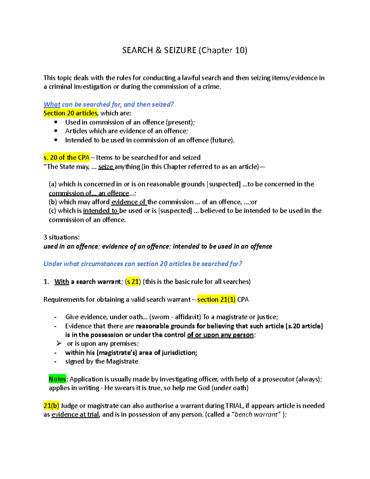 Search & Seizure Notes - Chapter 10 Overview for Law Course - Studocu
