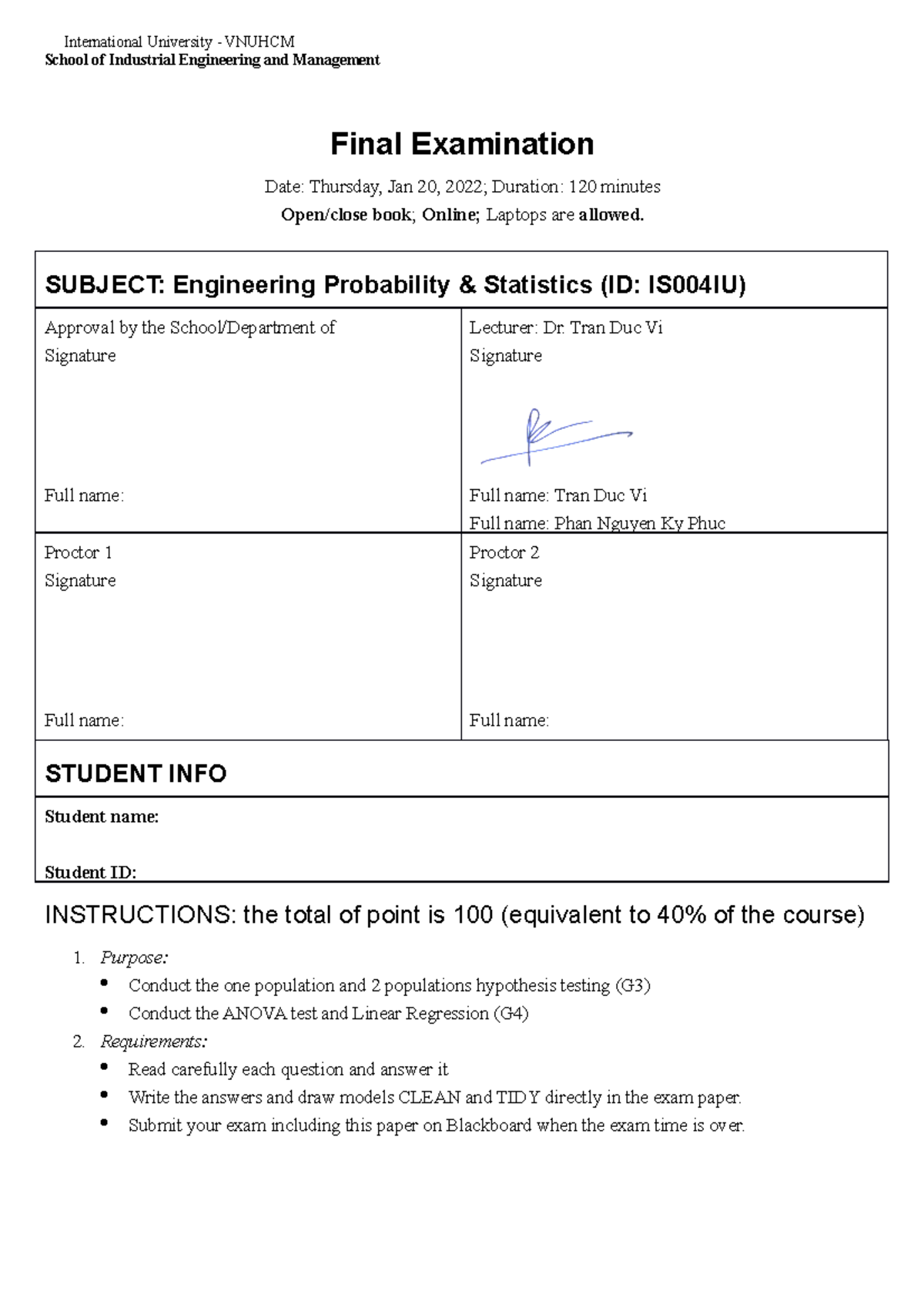 Final Exam IS004IU: Engineering Probability & Statistics 2022 - Studocu