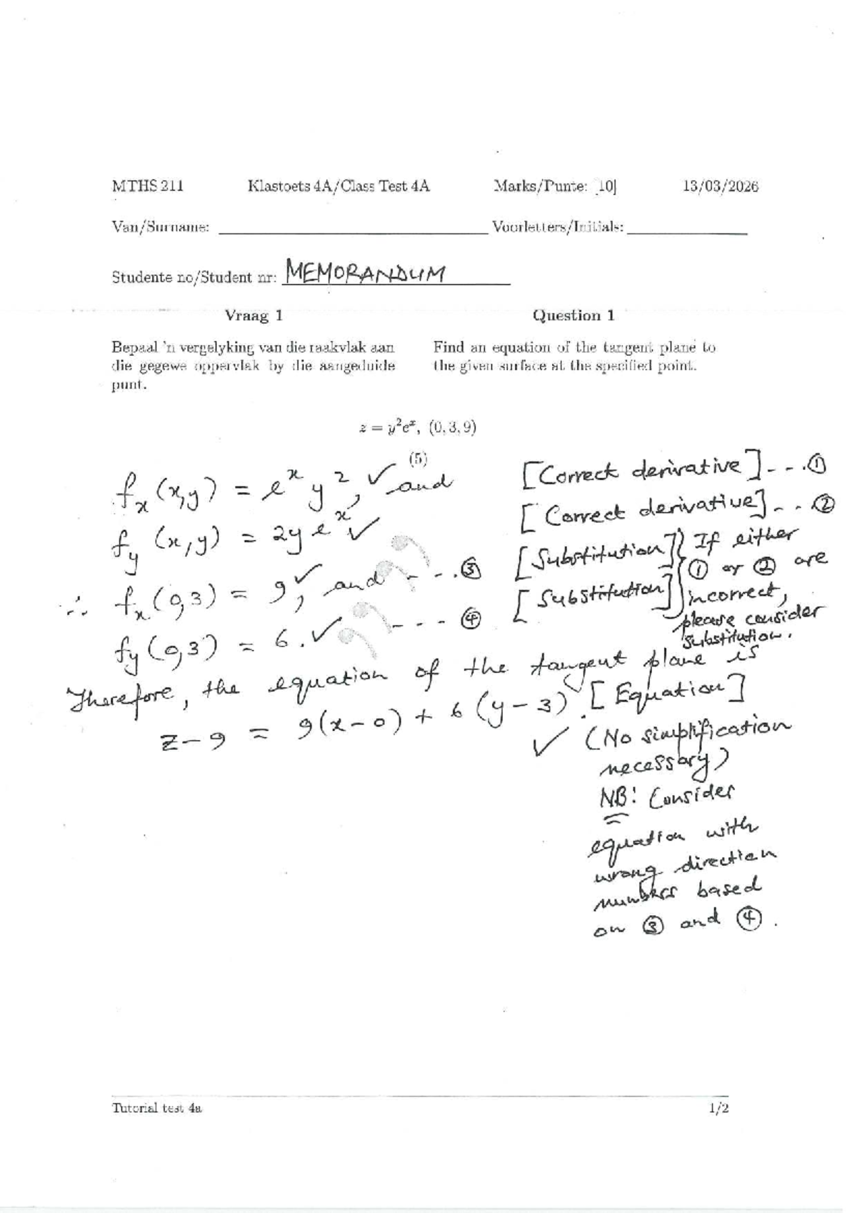 MTHS 211 Class Test 4A Memo and Solutions - Studocu