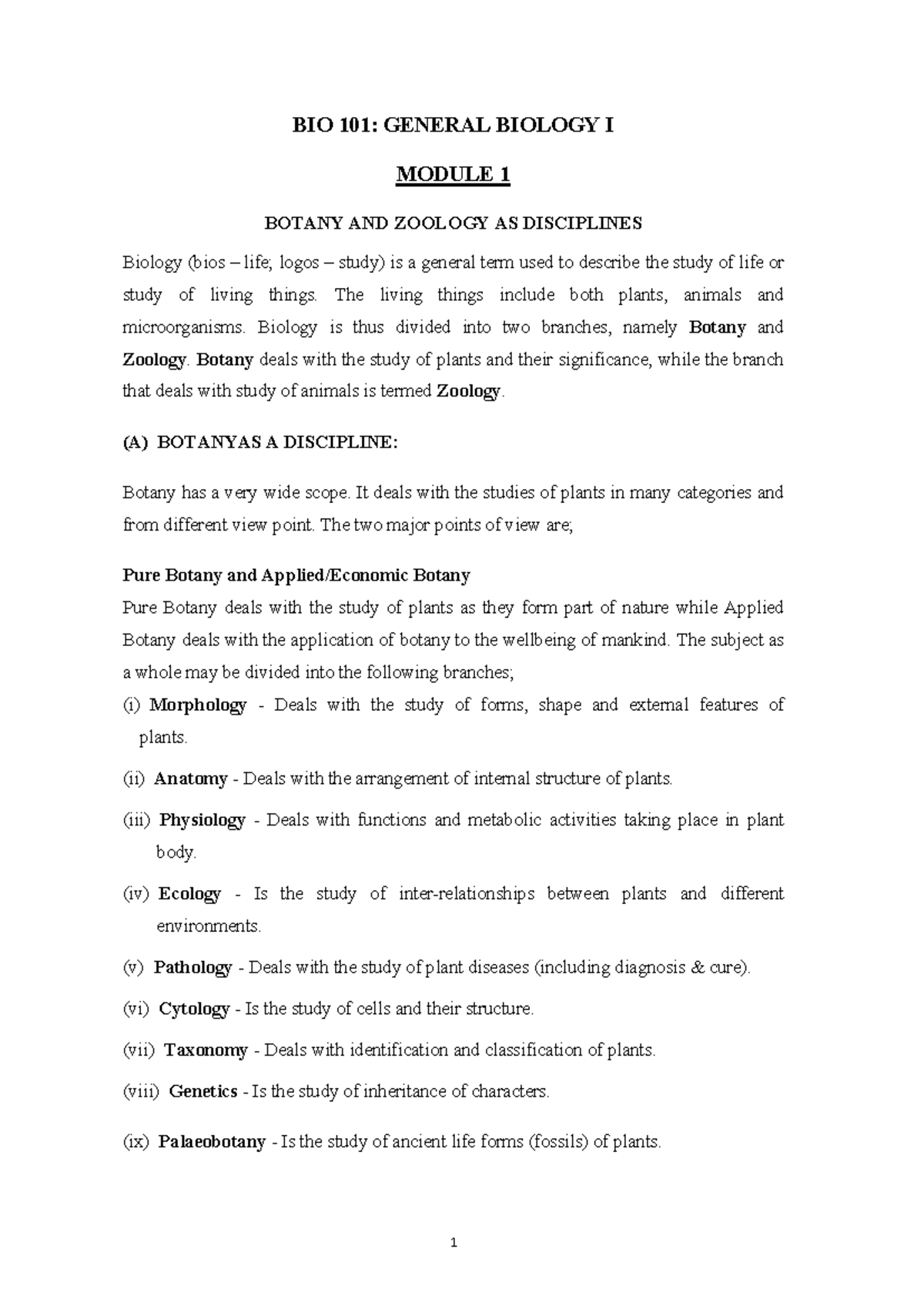BIO101 Lecture Notes: Botany & Zoology Overview (Lectures 1-5) - Studocu