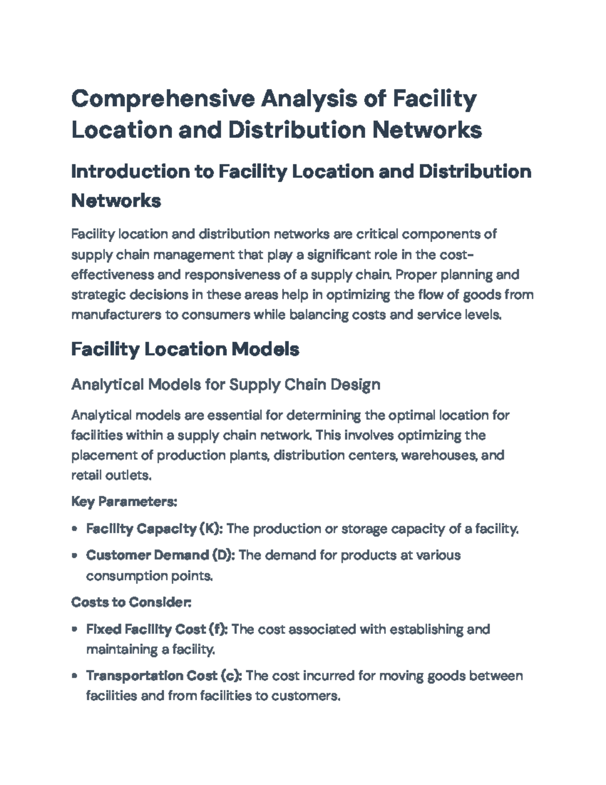 Comprehensive Analysis of Facility Location and Distribution Networks ...