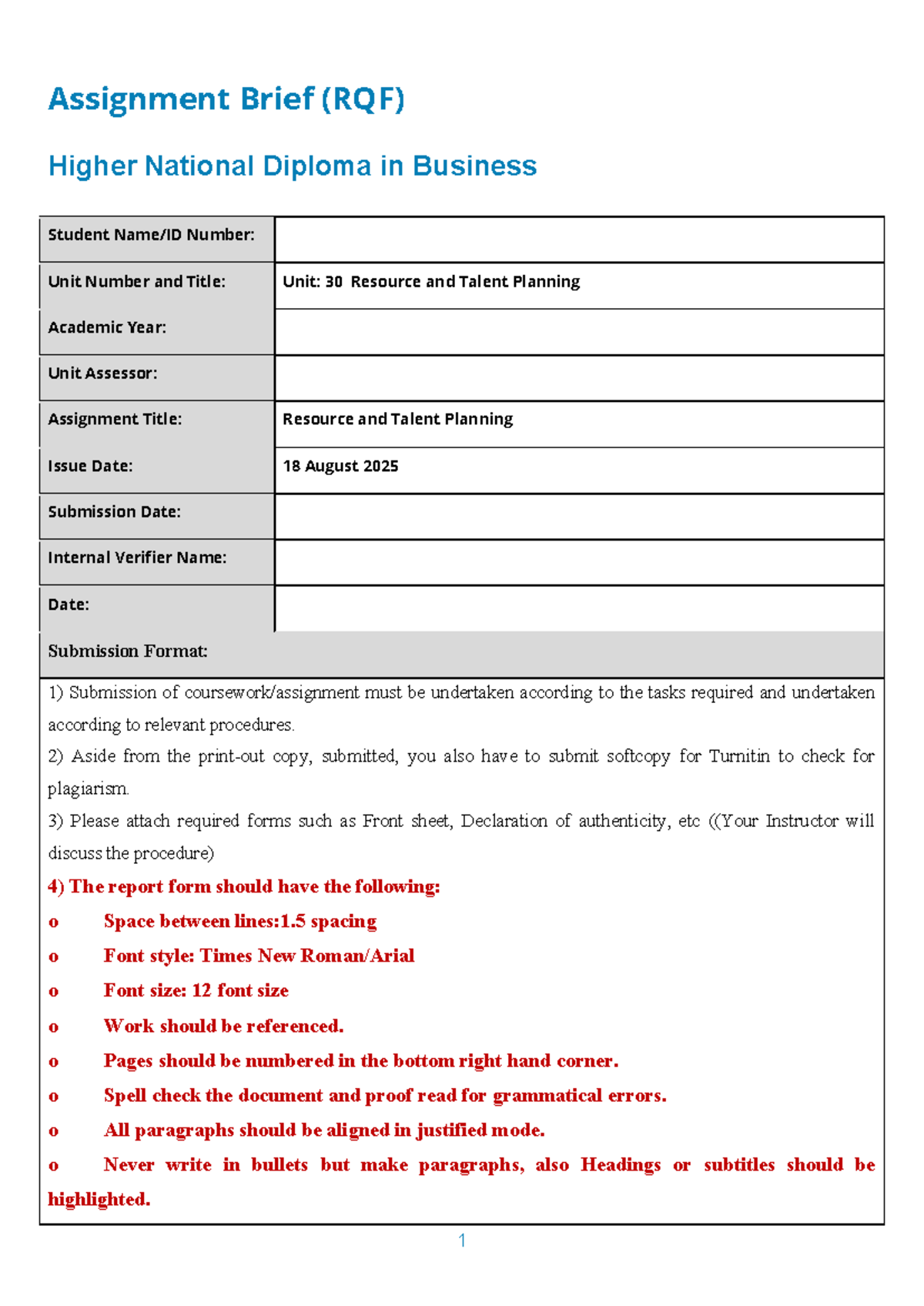 BTEC L5 Unit 30 Assignment Brief: Resource & Talent Planning - Studocu