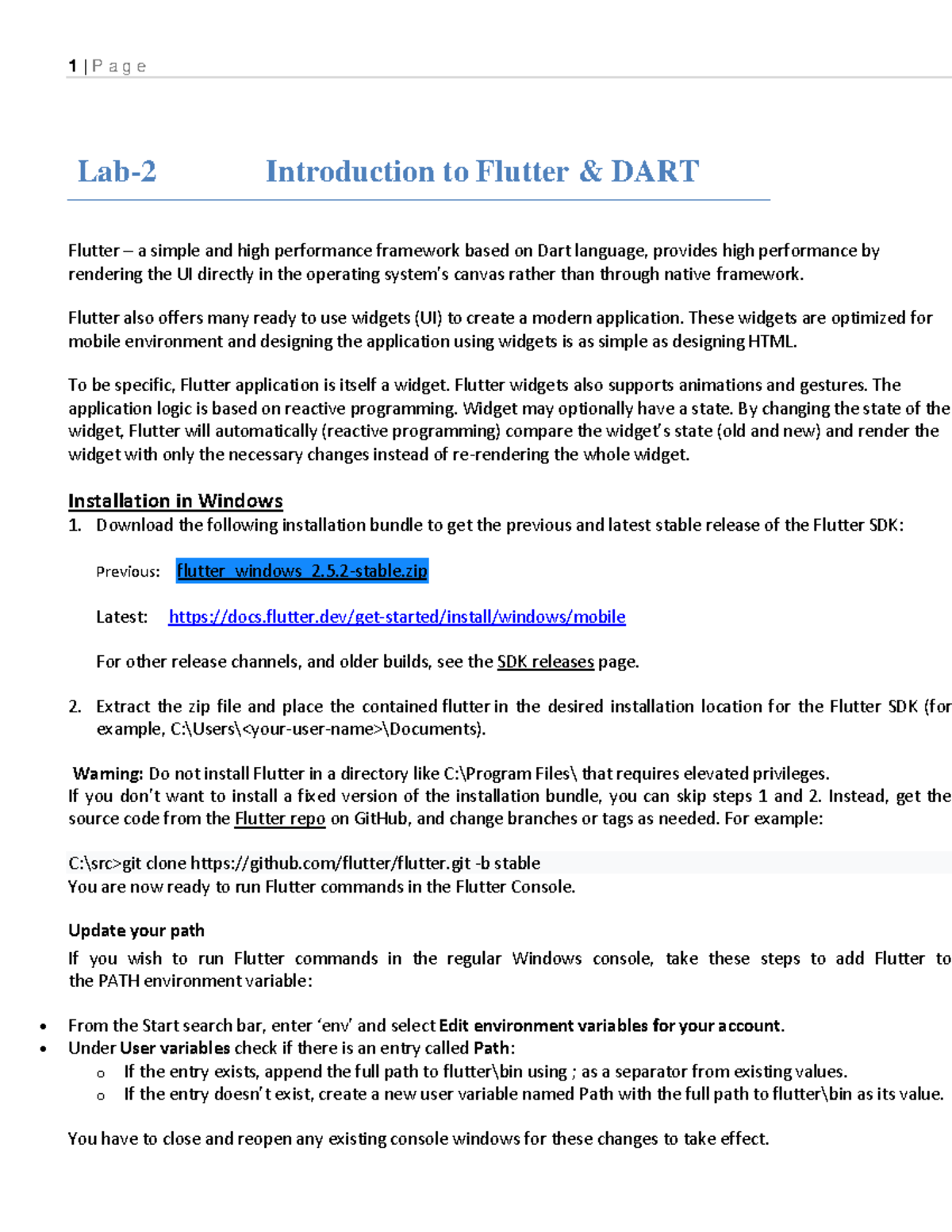 Lab#2 - Lab#2 - 1 | P a g e Lab- 2 Introduction to Flutter & DART ...