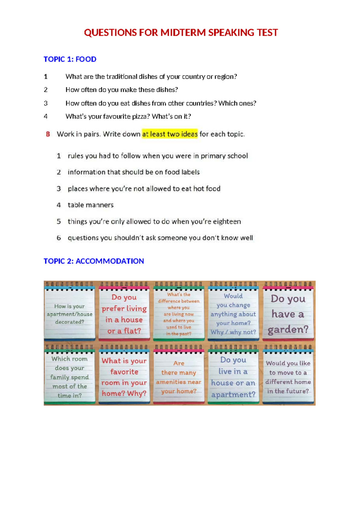 Midterm Speaking Test Questions: Food & Accommodation Topics - Studocu