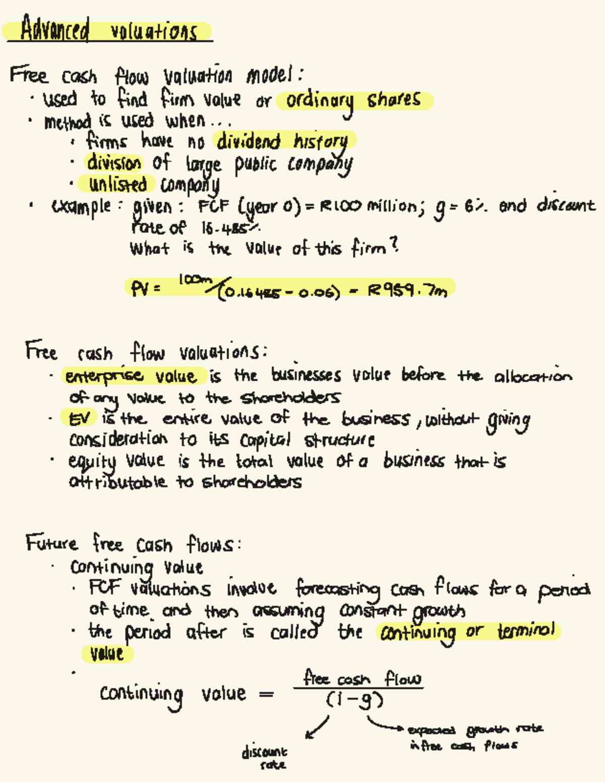 Advanced Valuations Summary: Cash Flow Models & Firm Value Analysis ...