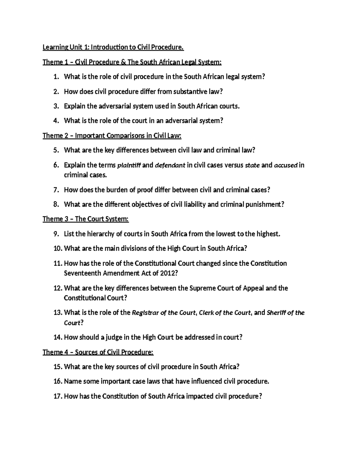 CIPR sample questions - Test 1 - Learning Unit 1: Introduction to Civil ...