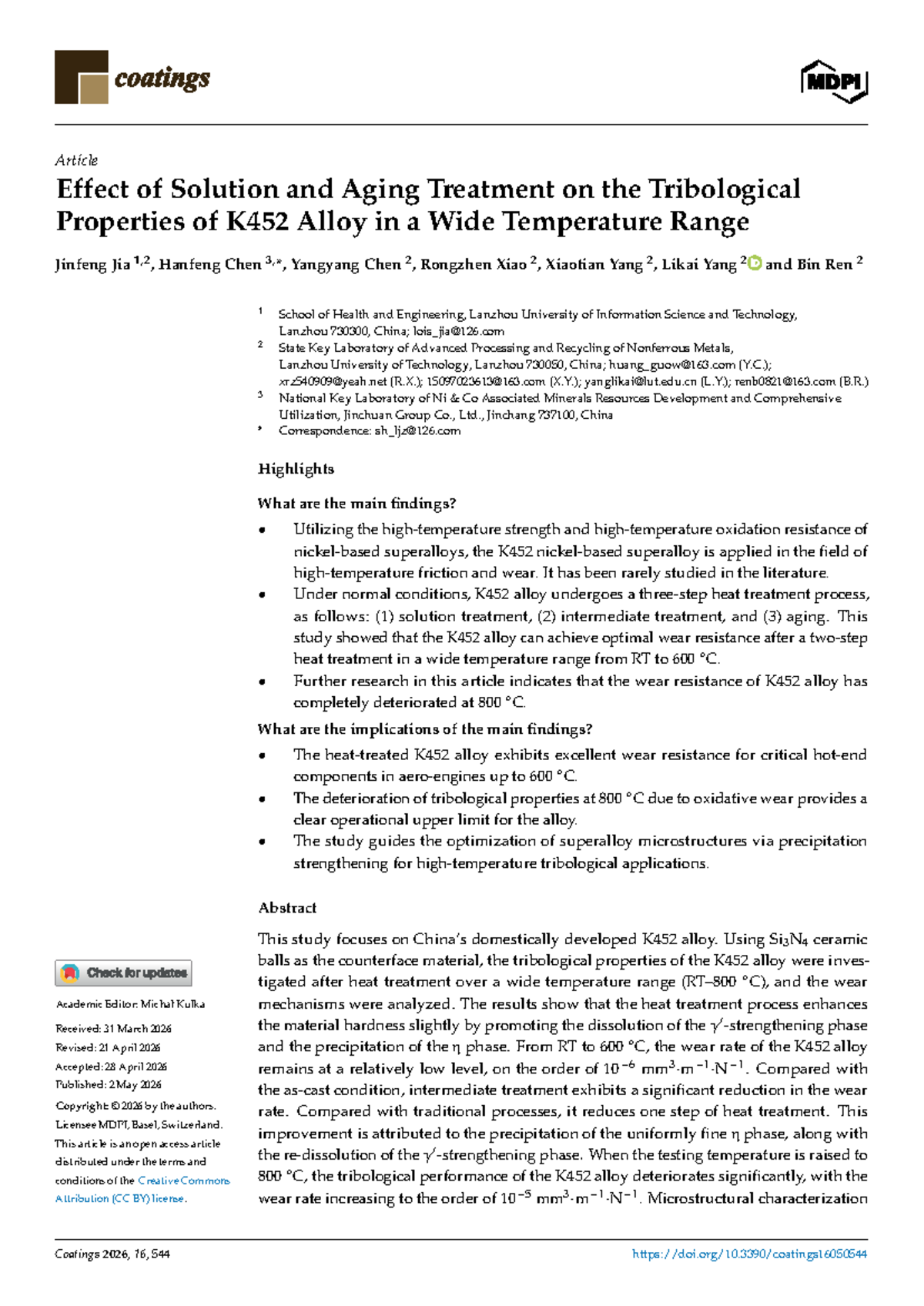 Effect of Heat Treatment on Tribological Properties of K452 Alloy (ENGR ...