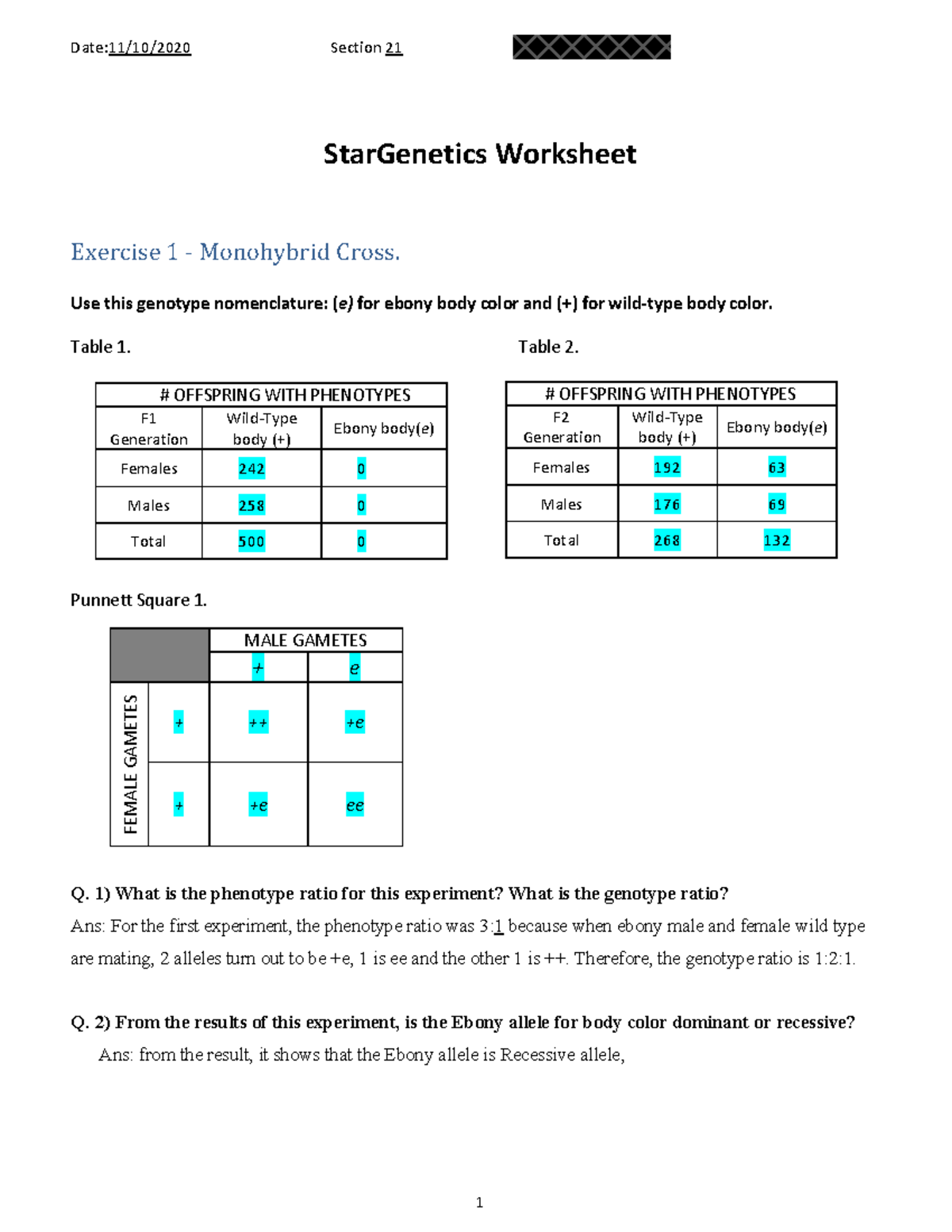M10 Star Genetics Worksheet - Date :11/10/2020 Section 21 StarGenetics ...